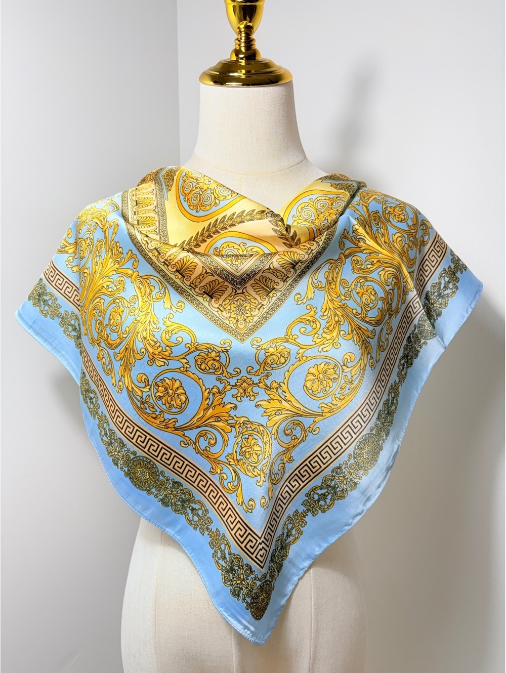 Light Blue and Gold Baroque Pattern Satin Polyester Scarf, 68cm x 68cm